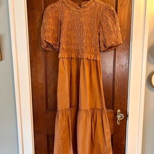 Moon River Rust Smocked Puff-Sleeve Maxi Dress